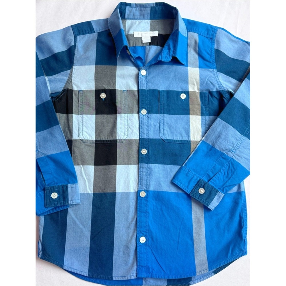Burberry Boys Blue Nova Check Button Down Shirt Size 7Y 122cm Plaid Long Sleeve